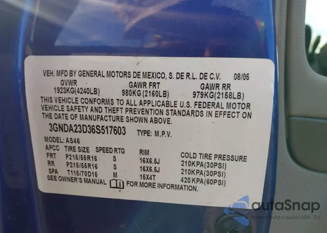 2006 Chevrolet Hhr Lt из США, поврежденный, VIN 3GNDA23D36S517603